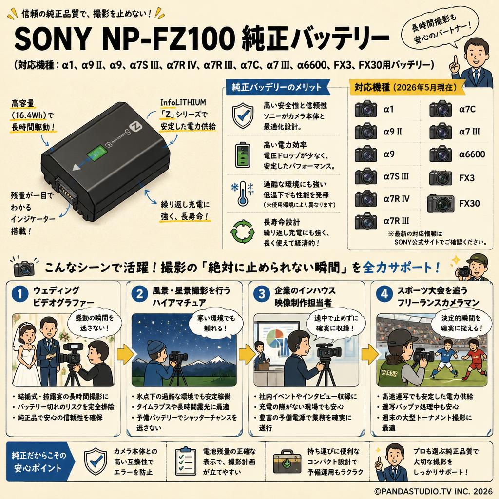 SONY NP-FZ100 純正バッテリー（対応機種：α1、α9 II、α9、α7S III、α7R IV、α7R III、α7C、α7 III、α6600、FX3、FX30用バッテリー） おもな対象のお客様