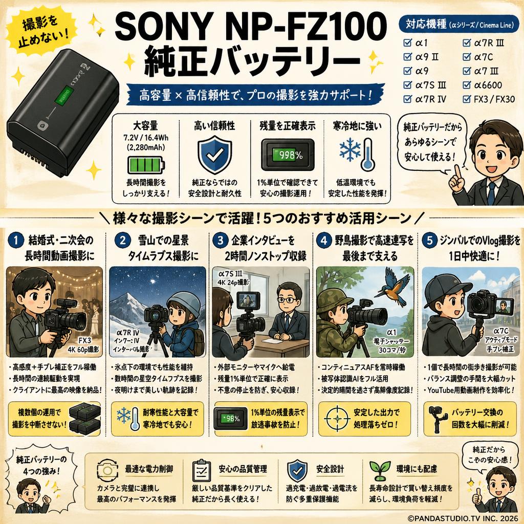 SONY NP-FZ100 純正バッテリー（対応機種：α1、α9 II、α9、α7S III、α7R IV、α7R III、α7C、α7 III、α6600、FX3、FX30用バッテリー） 用途