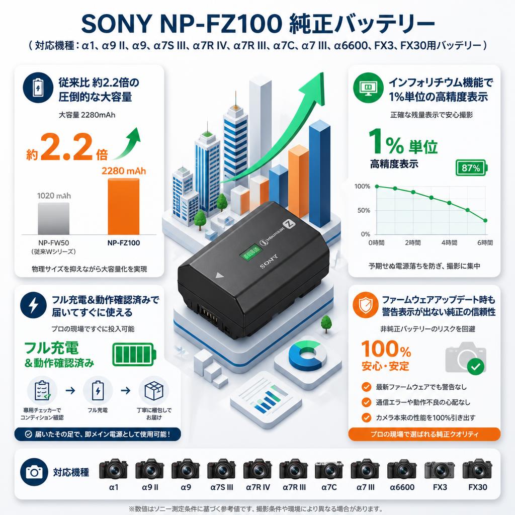 SONY NP-FZ100 純正バッテリー（対応機種：α1、α9 II、α9、α7S III、α7R IV、α7R III、α7C、α7 III、α6600、FX3、FX30用バッテリー） セールスポイント