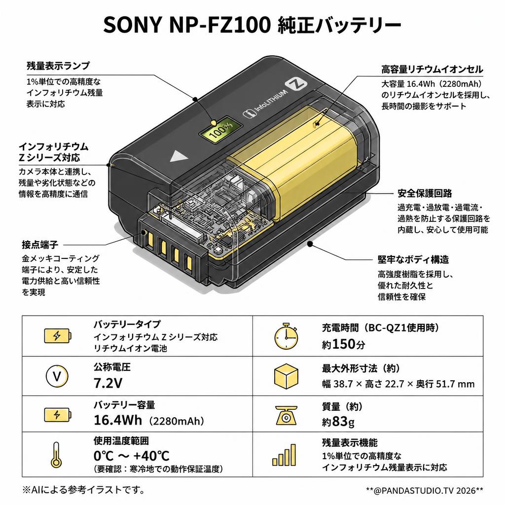 SONY NP-FZ100 純正バッテリー（対応機種：α1、α9 II、α9、α7S III、α7R IV、α7R III、α7C、α7 III、α6600、FX3、FX30用バッテリー） スペック