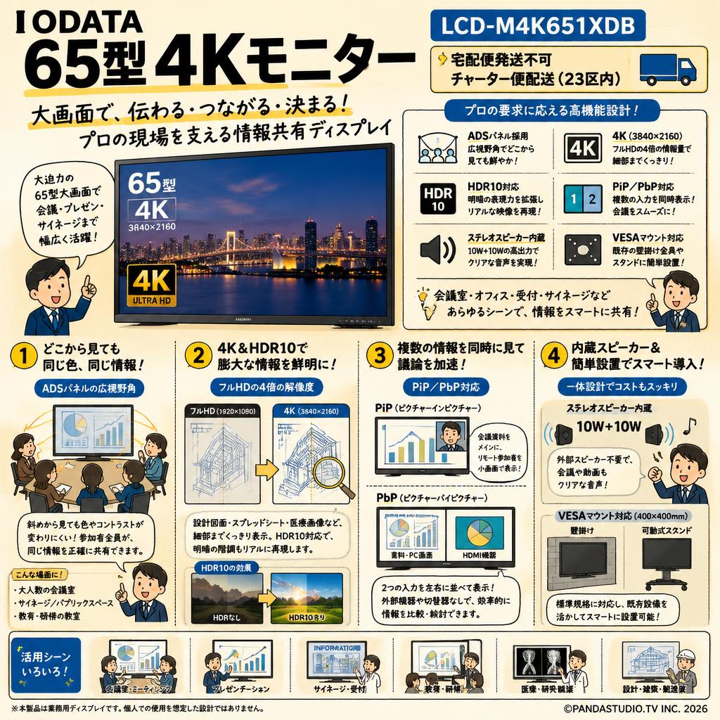 IODATA 65型 4Kモニター LCD-M4K651XDB【宅配便発送不可/チャーター便配送（23区内）】 概要
