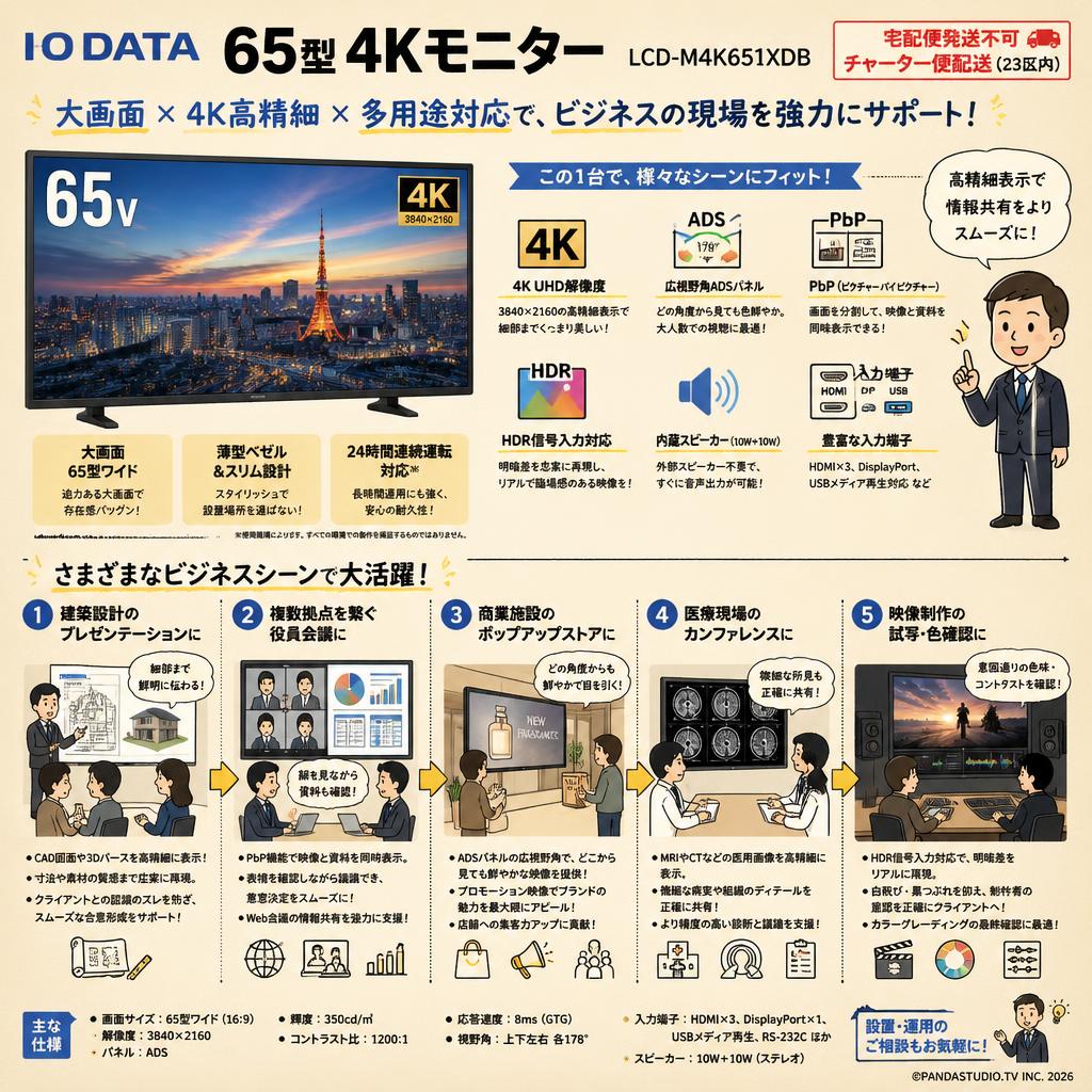 IODATA 65型 4Kモニター LCD-M4K651XDB【宅配便発送不可/チャーター便配送（23区内）】 用途
