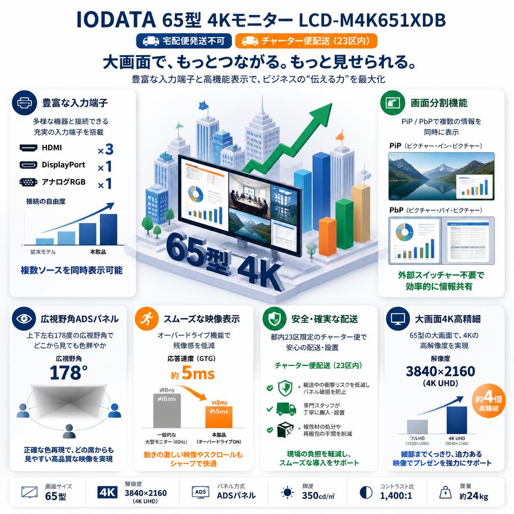 IODATA 65型 4Kモニター LCD-M4K651XDB【宅配便発送不可/チャーター便配送（23区内）】 セールスポイント
