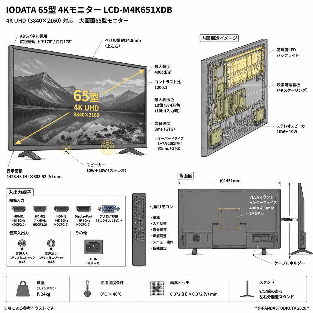 IODATA 65型 4Kモニター LCD-M4K651XDB【宅配便発送不可/チャーター便配送（23区内）】 スペック