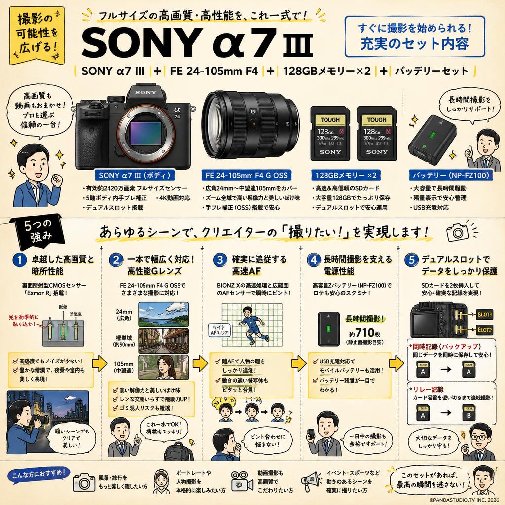 SONY α7 III ＋ FE 24-105mm F4＋128GBメモリー×2 ＋バッテリー セット 概要