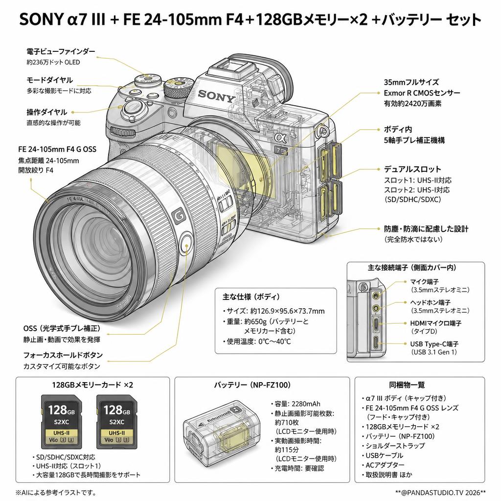SONY α7 III ＋ FE 24-105mm F4＋128GBメモリー×2 ＋バッテリー セット スペック