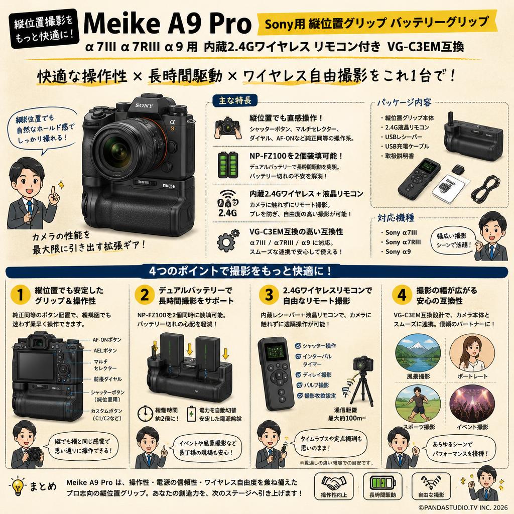 Meike A9 Pro Sony用 縦位置グリップ バッテリーグリップ  α7III α7RIII α9 用 内蔵2.4Gワイヤレス リモコン付き VG-C3EM互換 概要