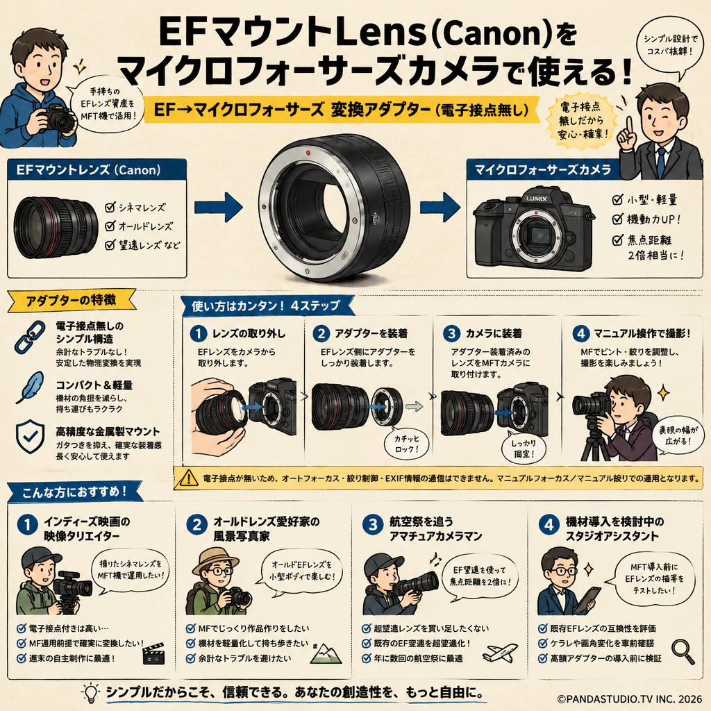 EFマウントLens(Canon) to マイクロフォーサーズカメラ変換アダプター（電子接点無し） EF→マイクロフォーサーズ おもな対象のお客様