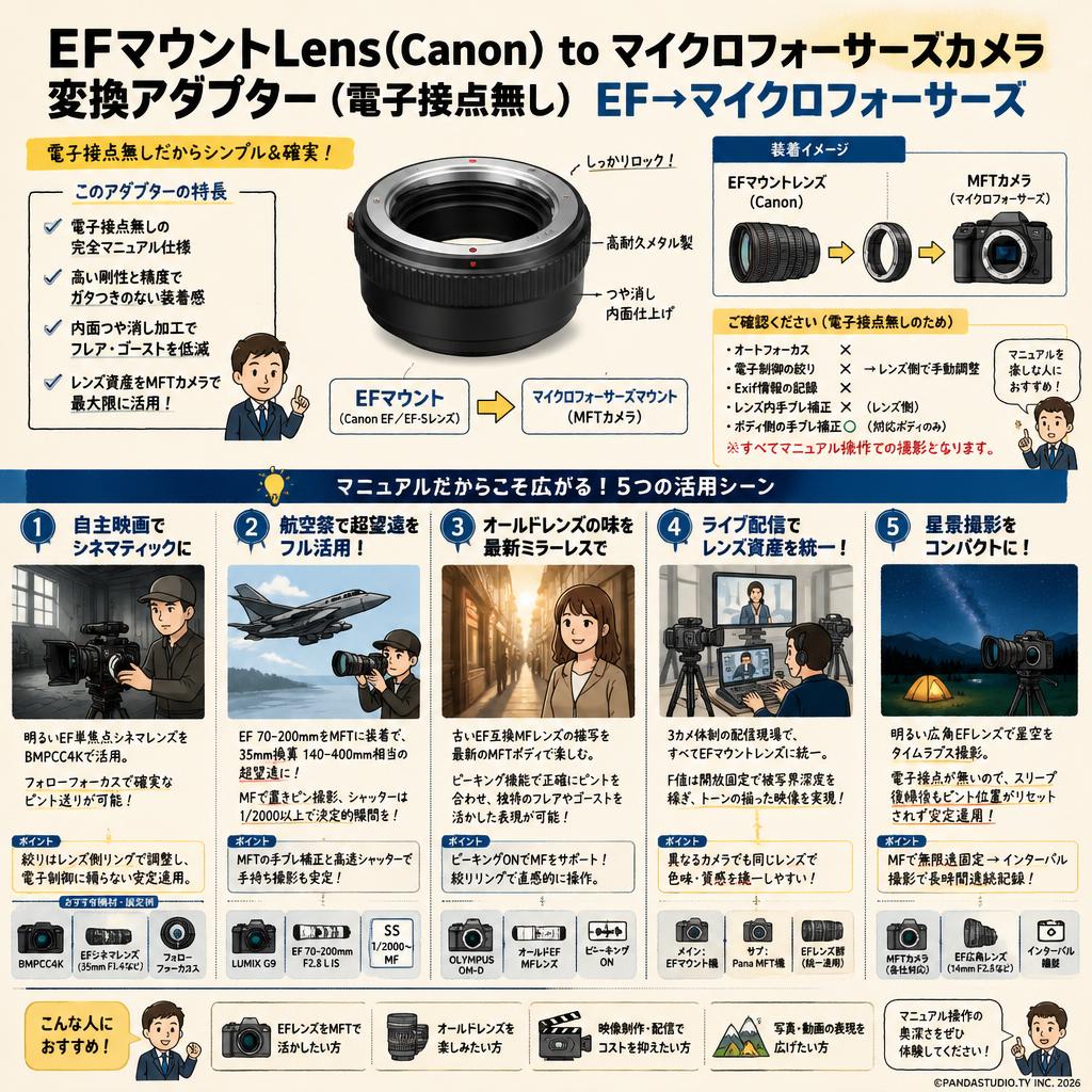 EFマウントLens(Canon) to マイクロフォーサーズカメラ変換アダプター（電子接点無し） EF→マイクロフォーサーズ 用途
