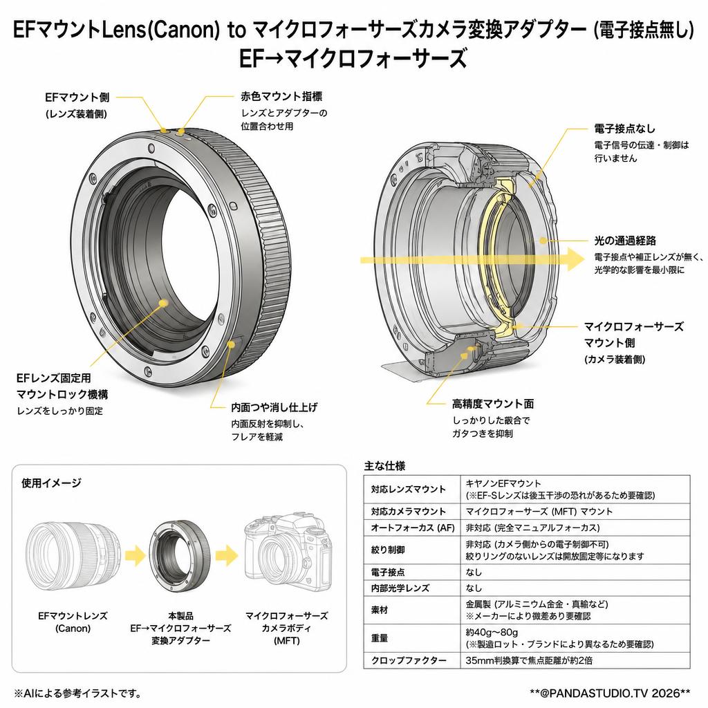 EFマウントLens(Canon) to マイクロフォーサーズカメラ変換アダプター（電子接点無し） EF→マイクロフォーサーズ スペック