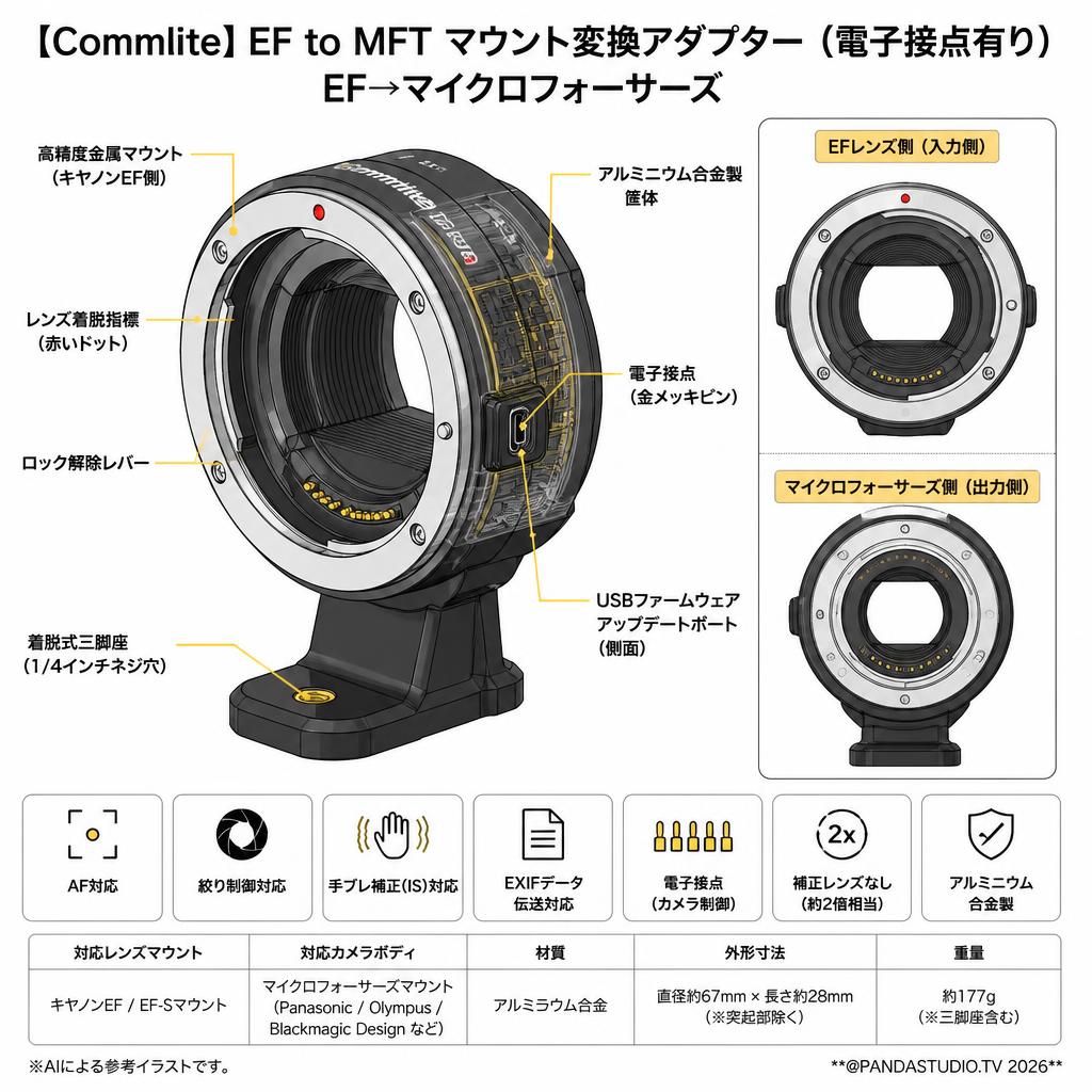 【Commlite】EF to MFT マウント変換アダプター（電子接点有り） EF→マイクロフォーサーズ スペック