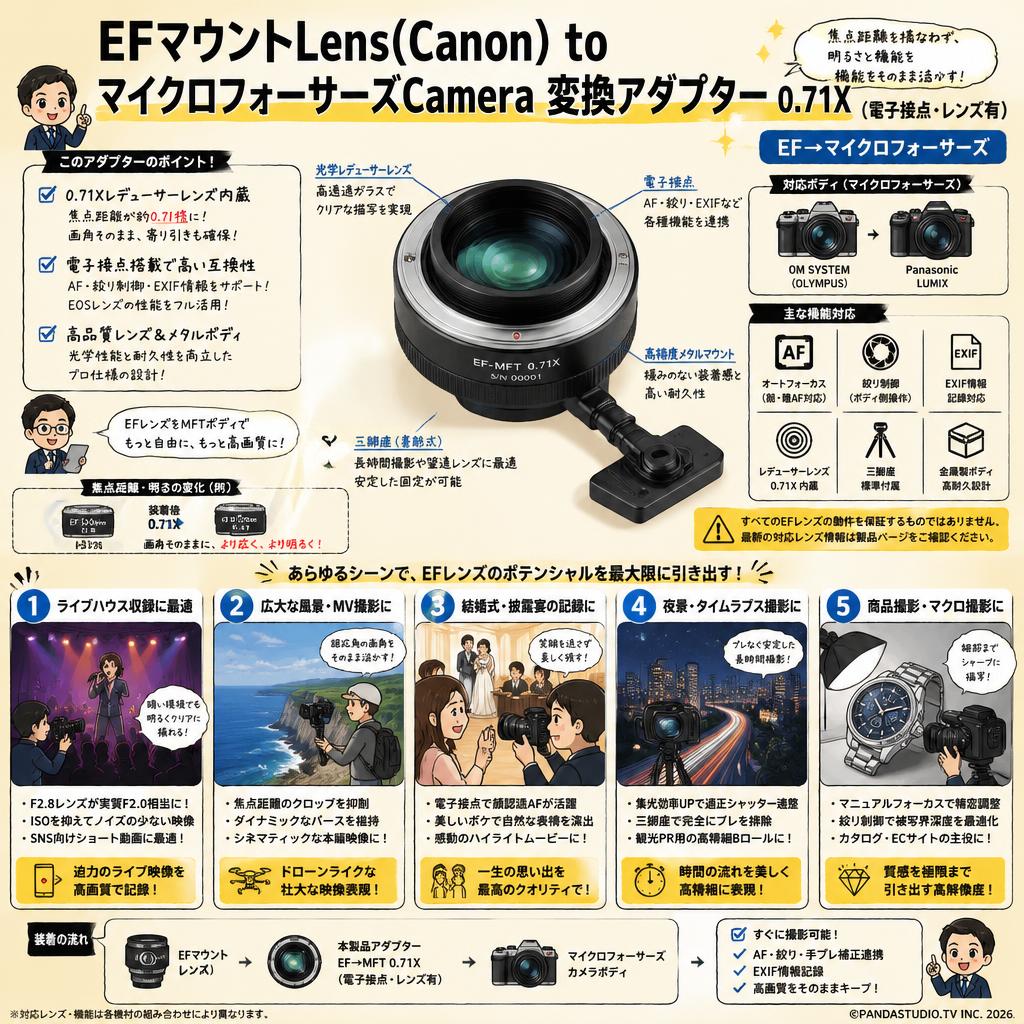 EFマウントLens(Canon) to マイクロフォーサーズCamera 変換アダプター 0.71X（電子接点・レンズ有） EF→マイクロフォーサーズ 用途