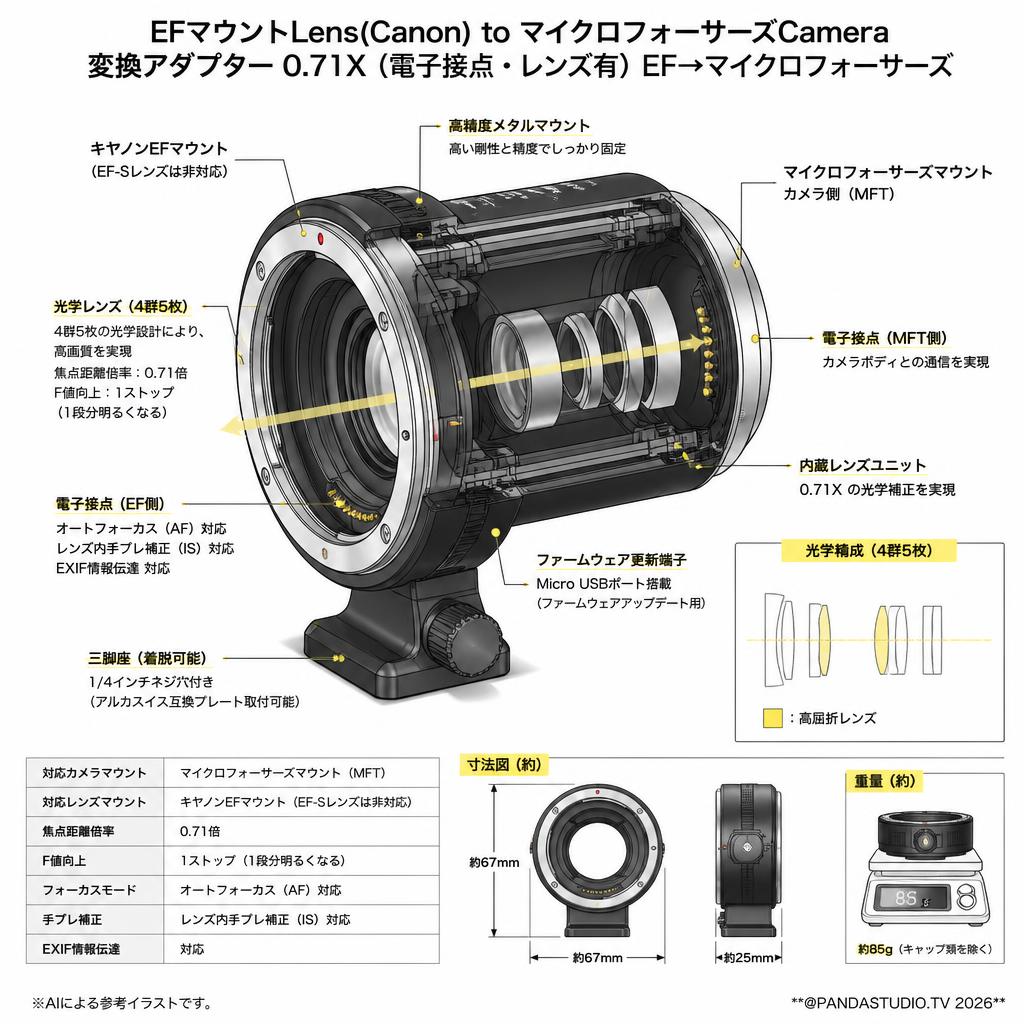 EFマウントLens(Canon) to マイクロフォーサーズCamera 変換アダプター 0.71X（電子接点・レンズ有） EF→マイクロフォーサーズ スペック