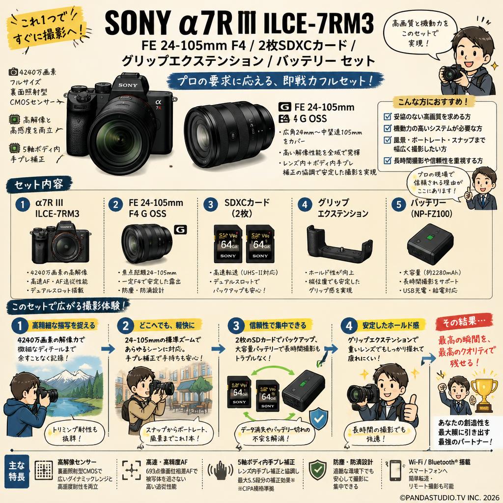 SONY α7R III ILCE-7RM3 / FE 24-105mm F4 / 2枚SDXC カード / グリップエクステンション / バッテリー セット 概要