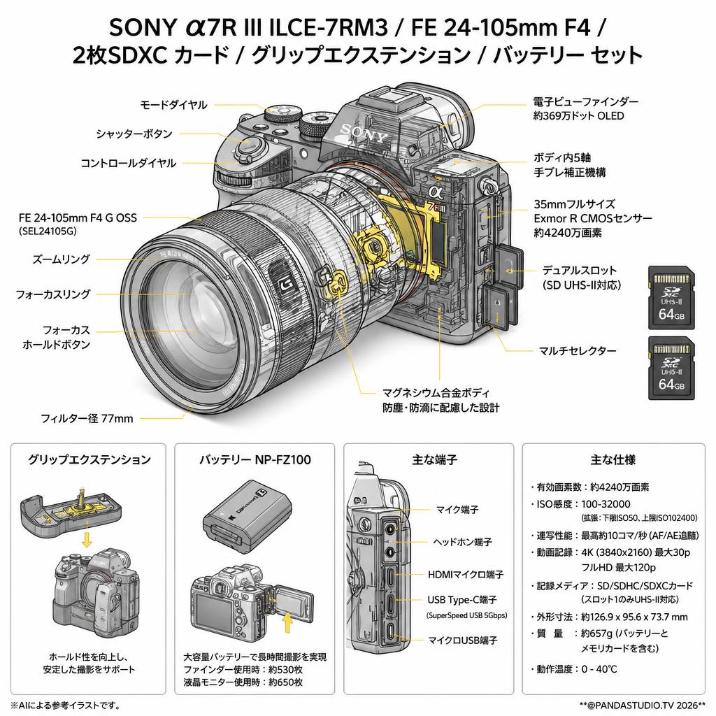 SONY α7R III ILCE-7RM3 / FE 24-105mm F4 / 2枚SDXC カード / グリップエクステンション / バッテリー セット スペック