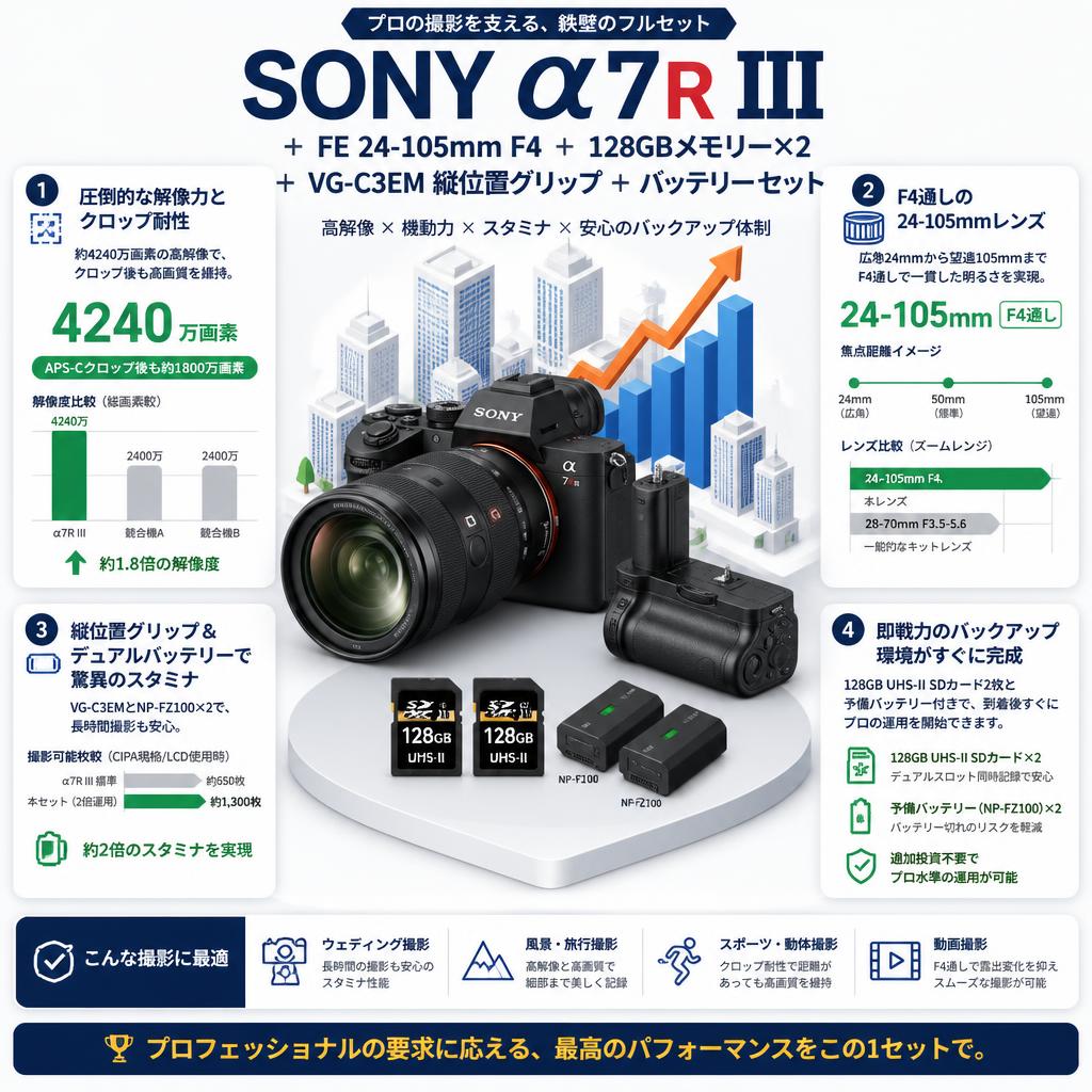 SONY α7R III ＋ FE 24-105mm F4＋128GBメモリー×2 ＋ VG-C3EM 縦位置グリップ  ＋バッテリー セット セールスポイント