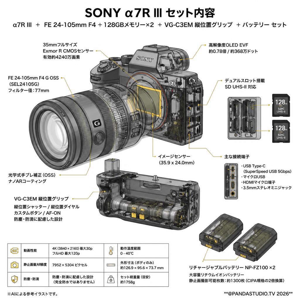 SONY α7R III ＋ FE 24-105mm F4＋128GBメモリー×2 ＋ VG-C3EM 縦位置グリップ  ＋バッテリー セット スペック