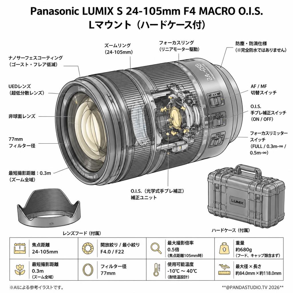Panasonic LUMIX S 24-105mm F4 MACRO O.I.S. Lマウント (ハードケ－ス付) スペック