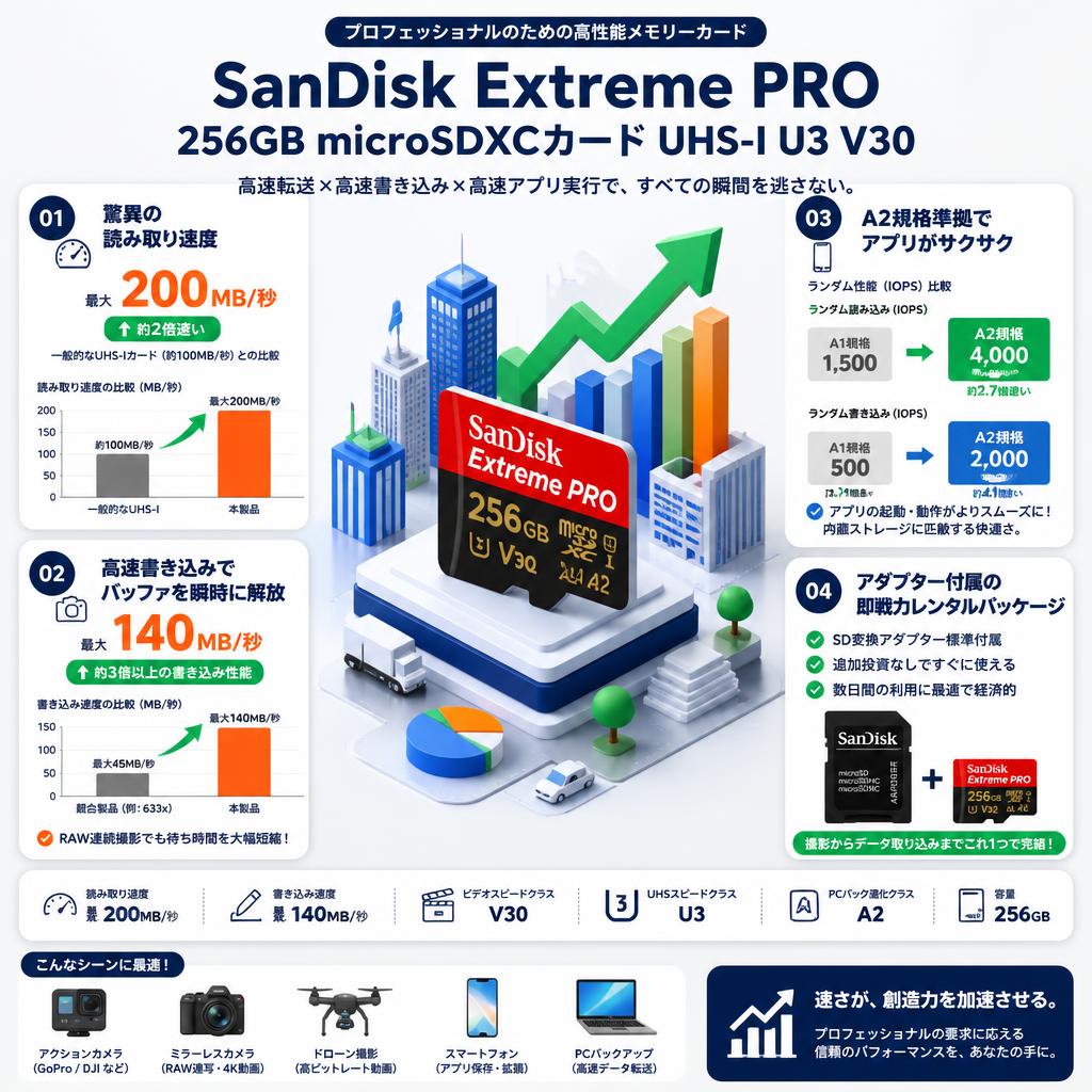 SanDisk Extreme Pro 256GB microSDXCカード UHS-I U3 V30 セールスポイント