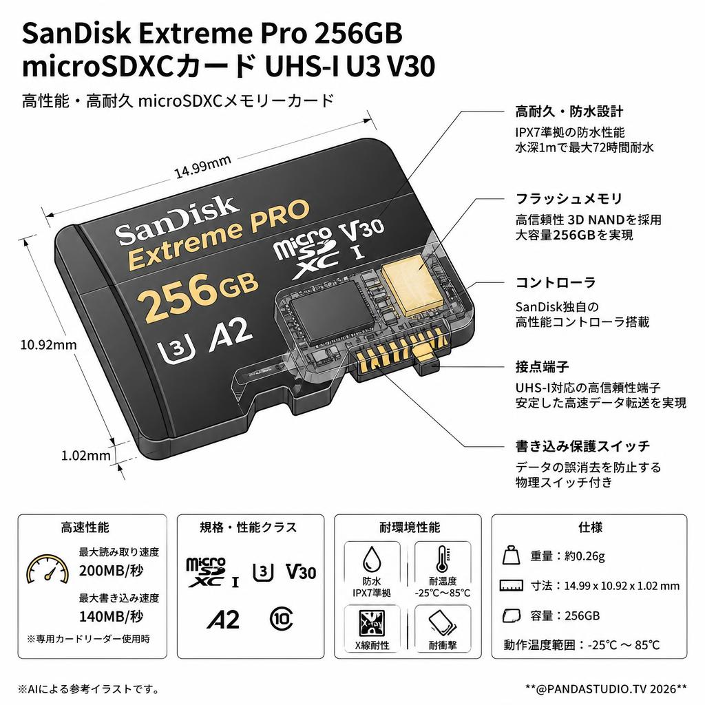 SanDisk Extreme Pro 256GB microSDXCカード UHS-I U3 V30 スペック