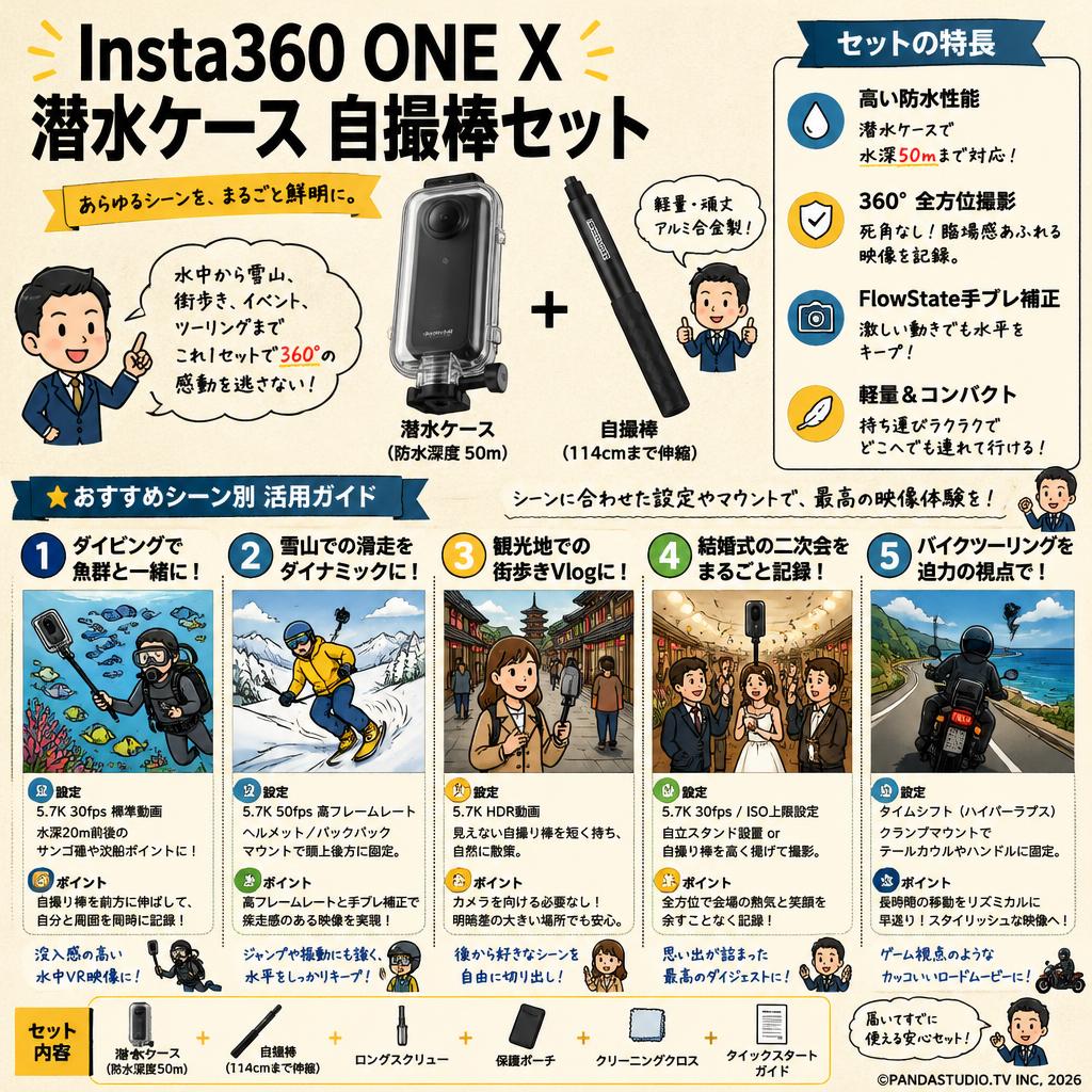 Insta360 ONE X 潜水ケース 自撮棒セット 用途