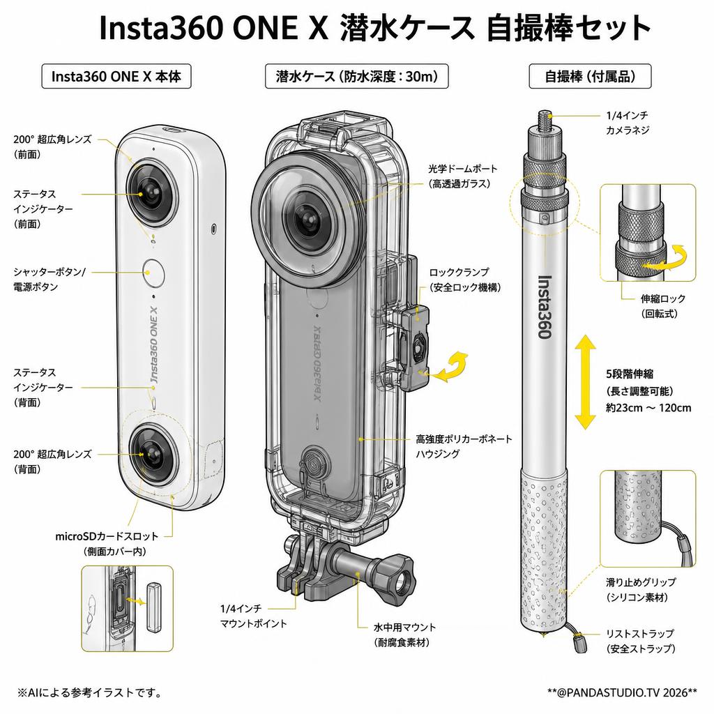 Insta360 ONE X 潜水ケース 自撮棒セット スペック
