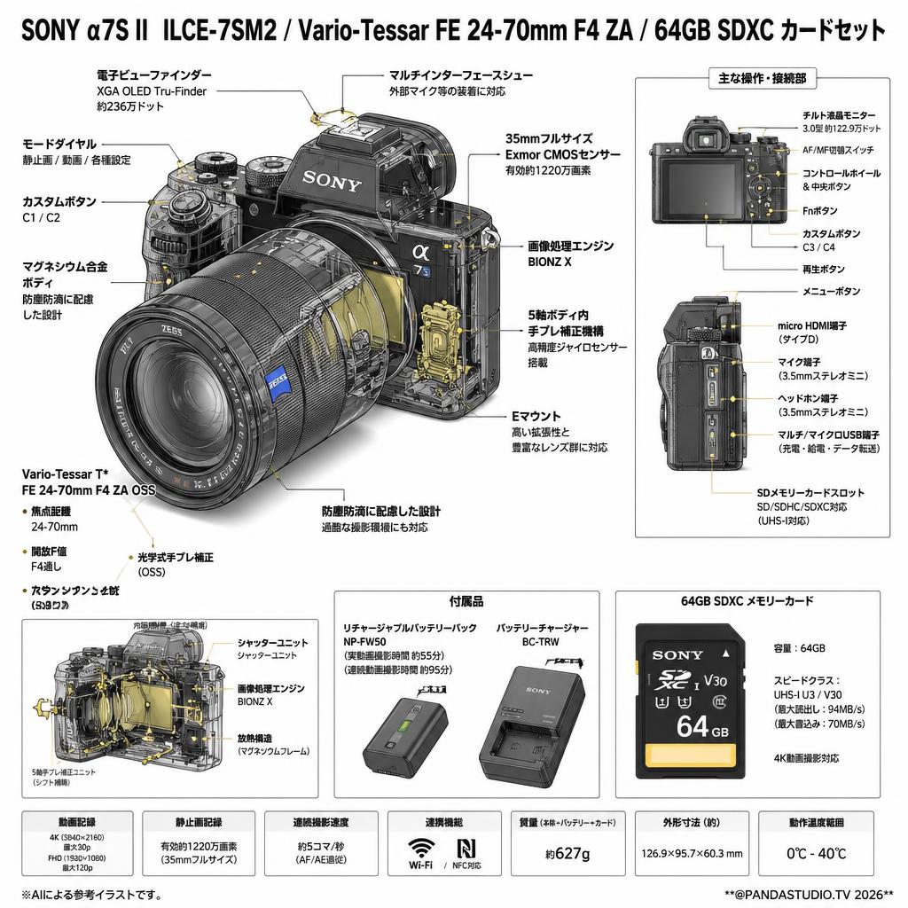 SONY α7S II  ILCE-7SM2 / Vario-Tessar FE 24-70mm F4 ZA / 64GB SDXC カードセット スペック