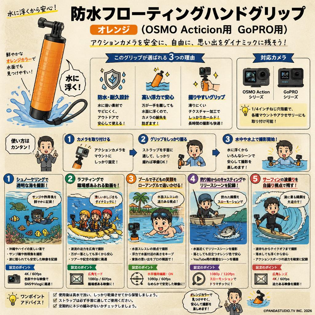 防水フローティングハンドグリップ 　オレンジ（OSMO Action用　GoPRO用） 用途