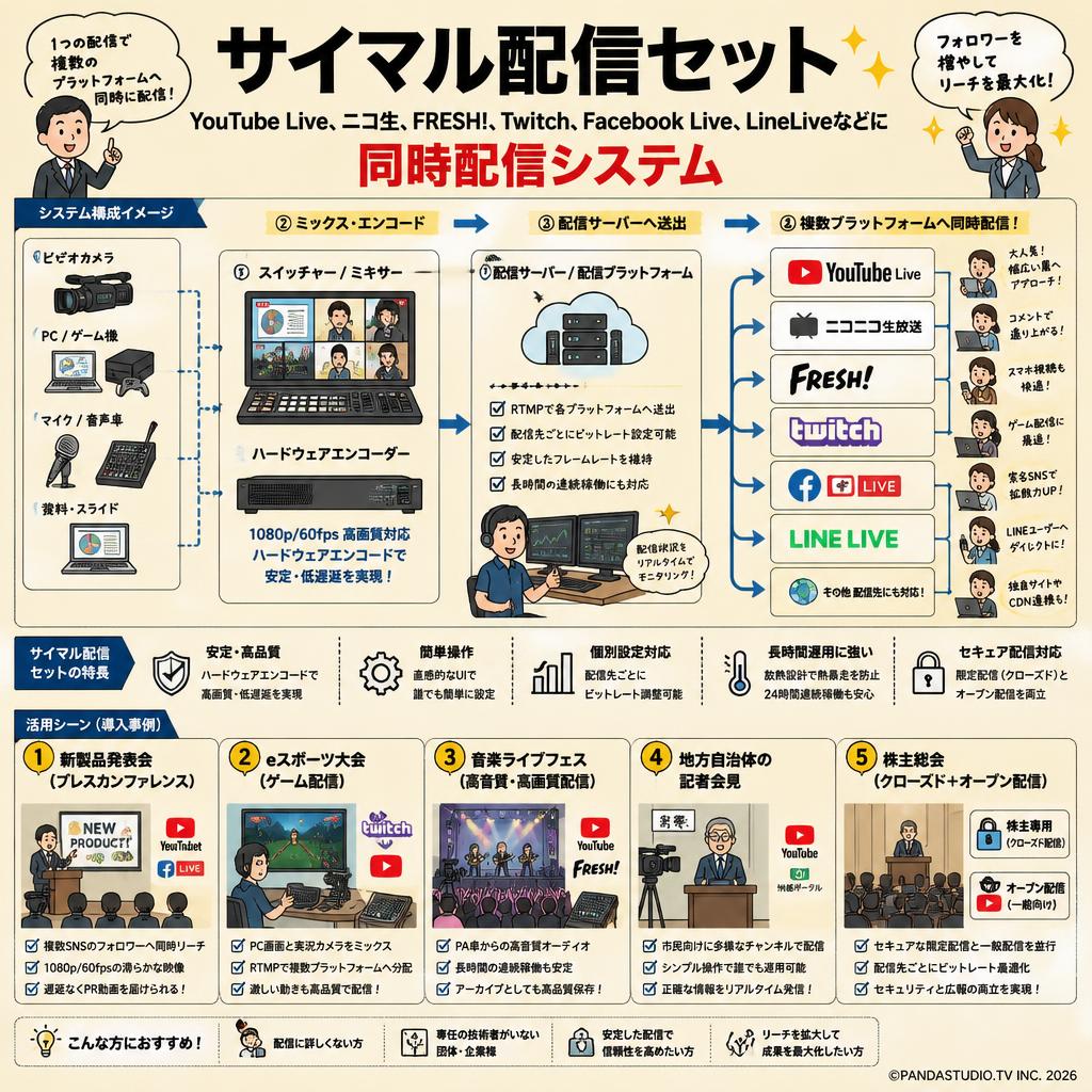 サイマル配信セット YouTube Live、ニコ生、FRESH!、Twitch、Facebook Live、LineLiveなどに同時配信システム 用途
