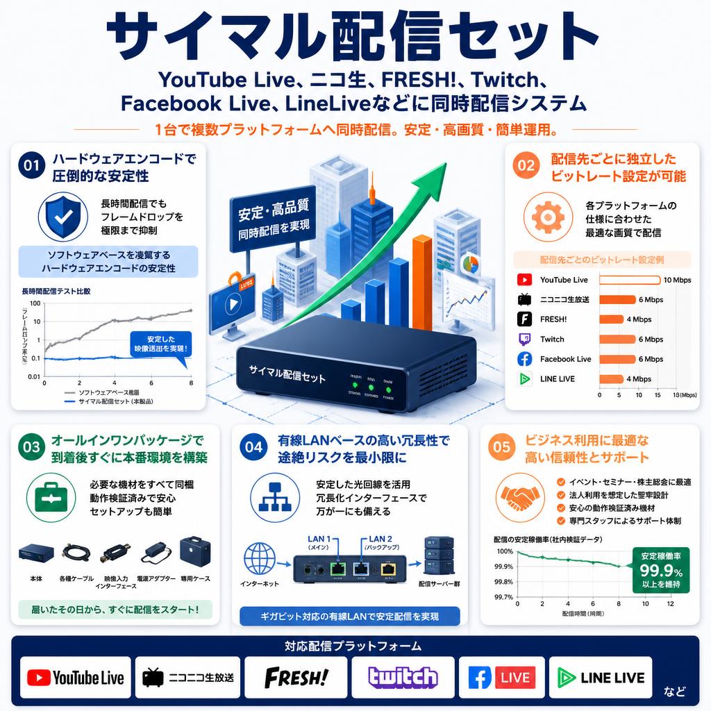 サイマル配信セット YouTube Live、ニコ生、FRESH!、Twitch、Facebook Live、LineLiveなどに同時配信システム セールスポイント