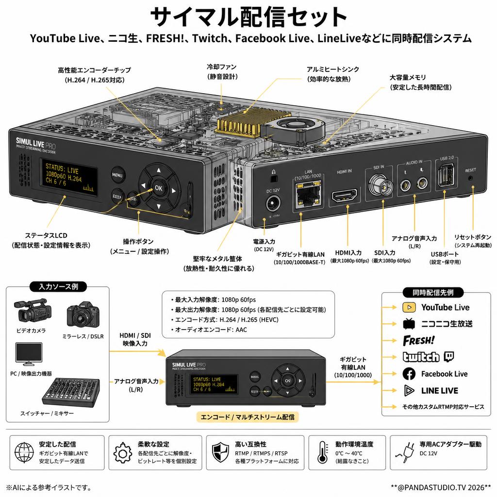 サイマル配信セット YouTube Live、ニコ生、FRESH!、Twitch、Facebook Live、LineLiveなどに同時配信システム スペック