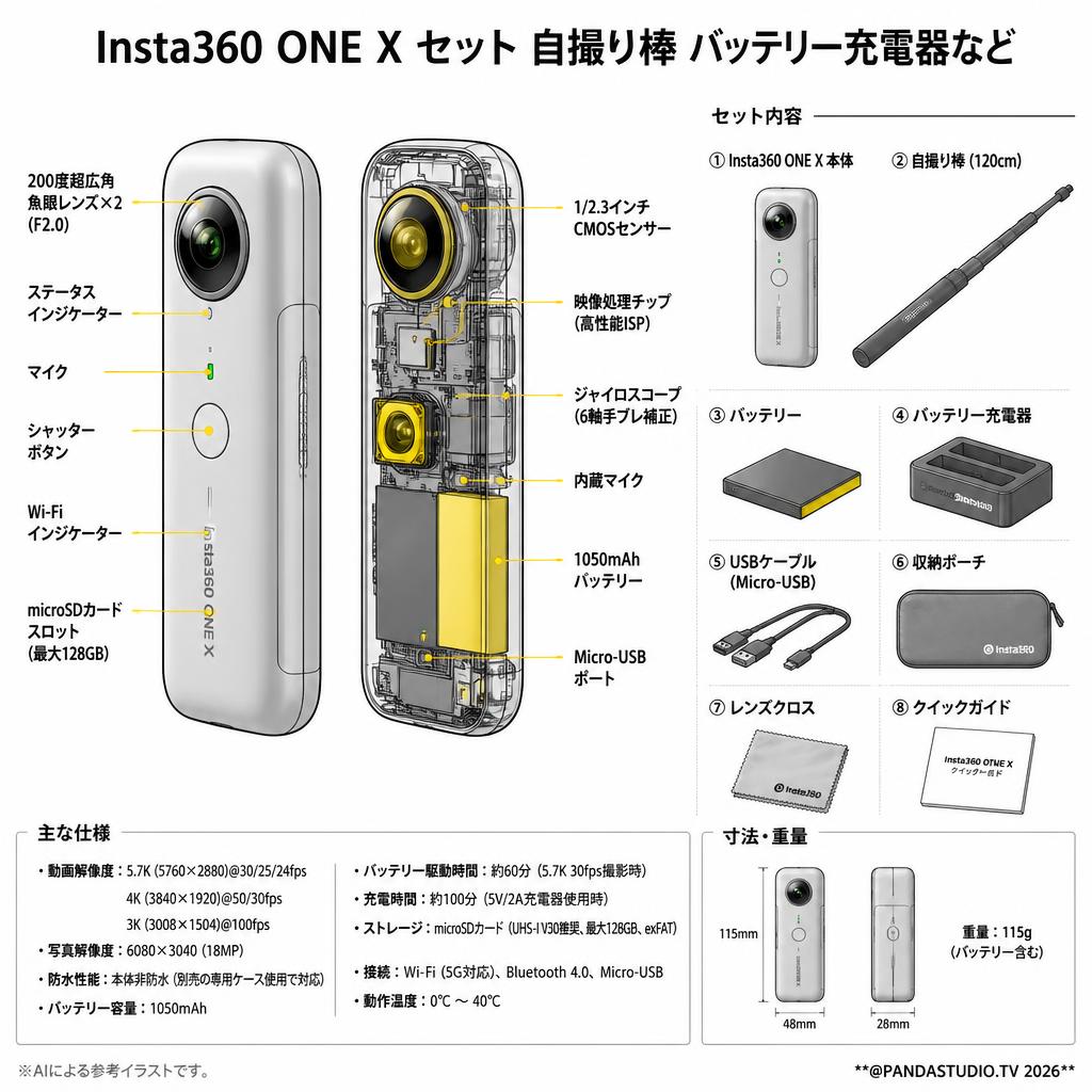 Insta360 ONE X セット 自撮り棒 バッテリー充電器など スペック