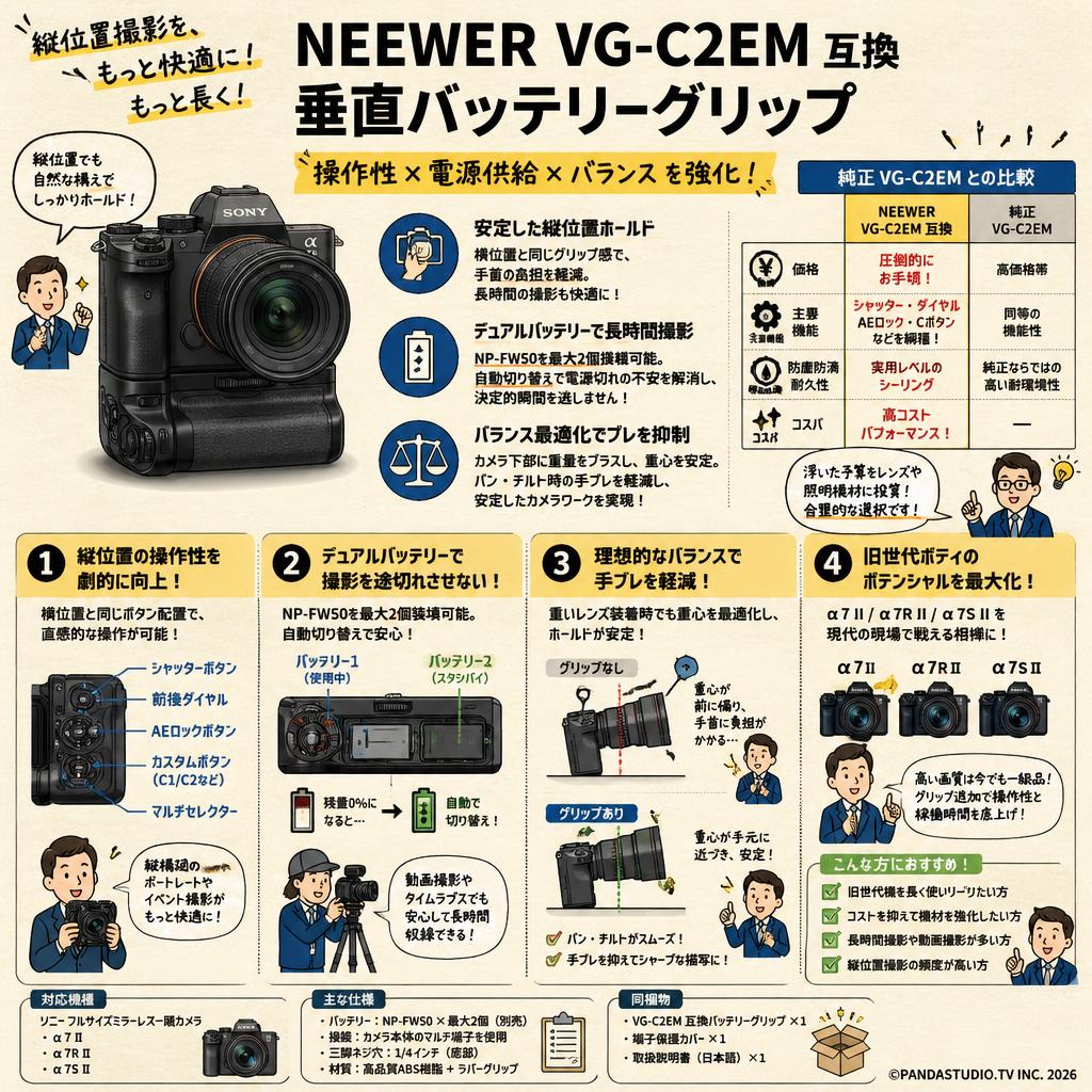 NEEWER VG-C2EM 互換 垂直バッテリーグリップ 概要