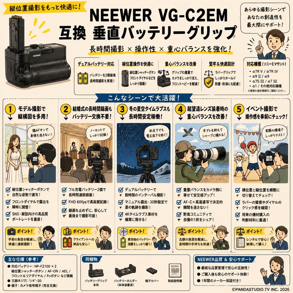 NEEWER VG-C2EM 互換 垂直バッテリーグリップ 用途