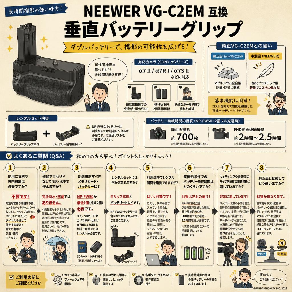 NEEWER VG-C2EM 互換 垂直バッテリーグリップ FAQ（よくある質問と答え）