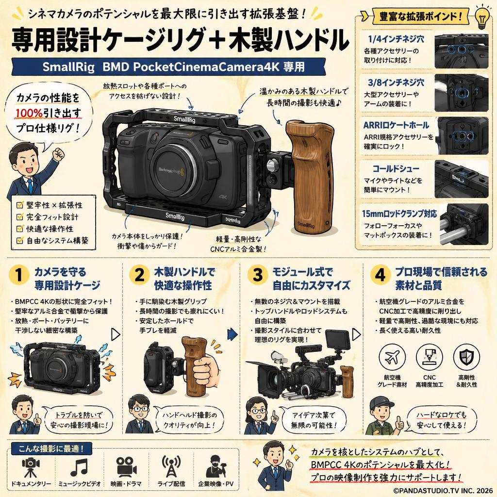 SmallRig  BMD PocketCinemaCamera4K 専用ケージ リグ + 木製ハンドル 概要