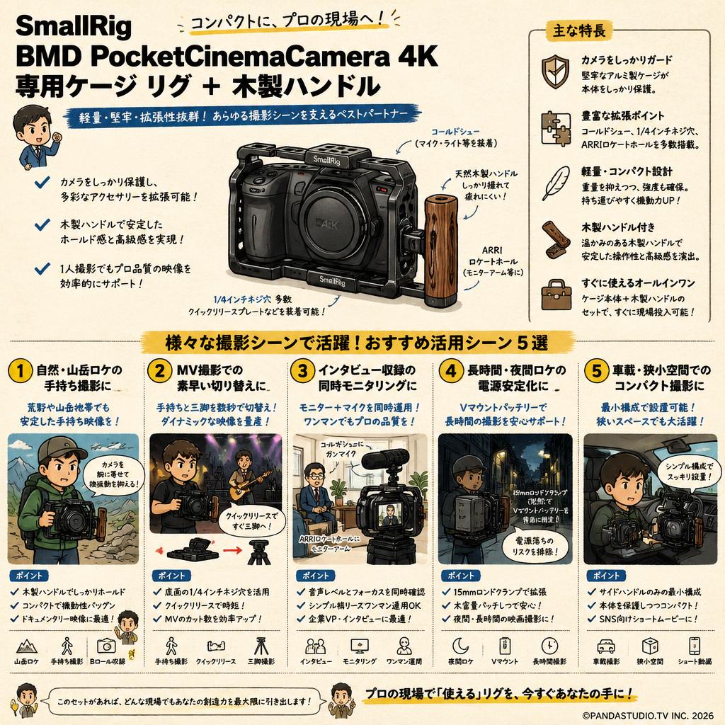 SmallRig  BMD PocketCinemaCamera4K 専用ケージ リグ + 木製ハンドル 用途