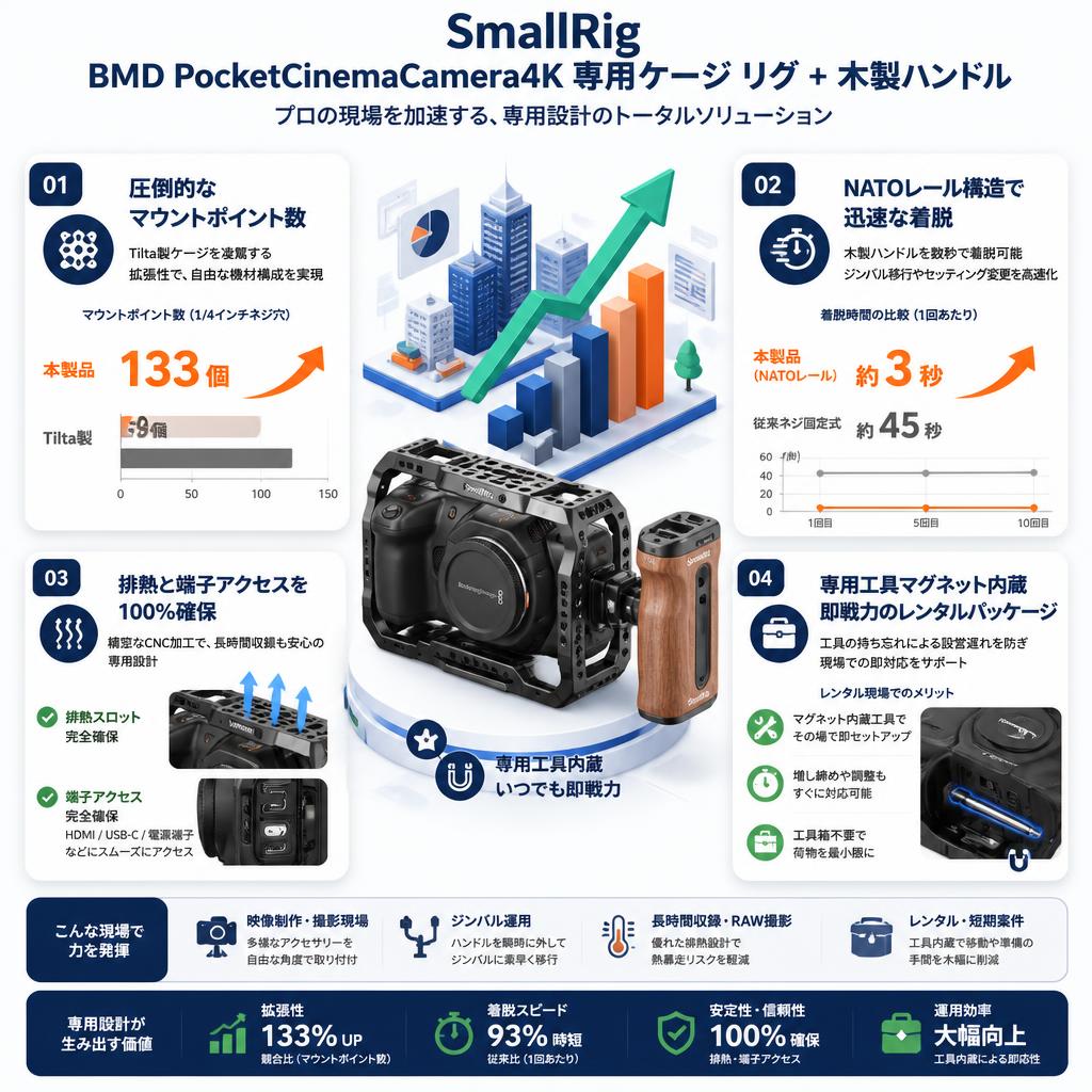 SmallRig  BMD PocketCinemaCamera4K 専用ケージ リグ + 木製ハンドル セールスポイント