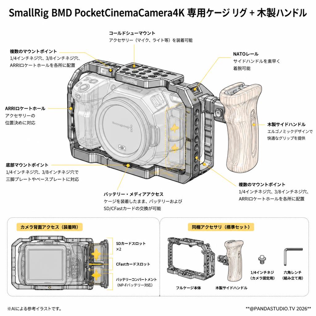 SmallRig  BMD PocketCinemaCamera4K 専用ケージ リグ + 木製ハンドル スペック