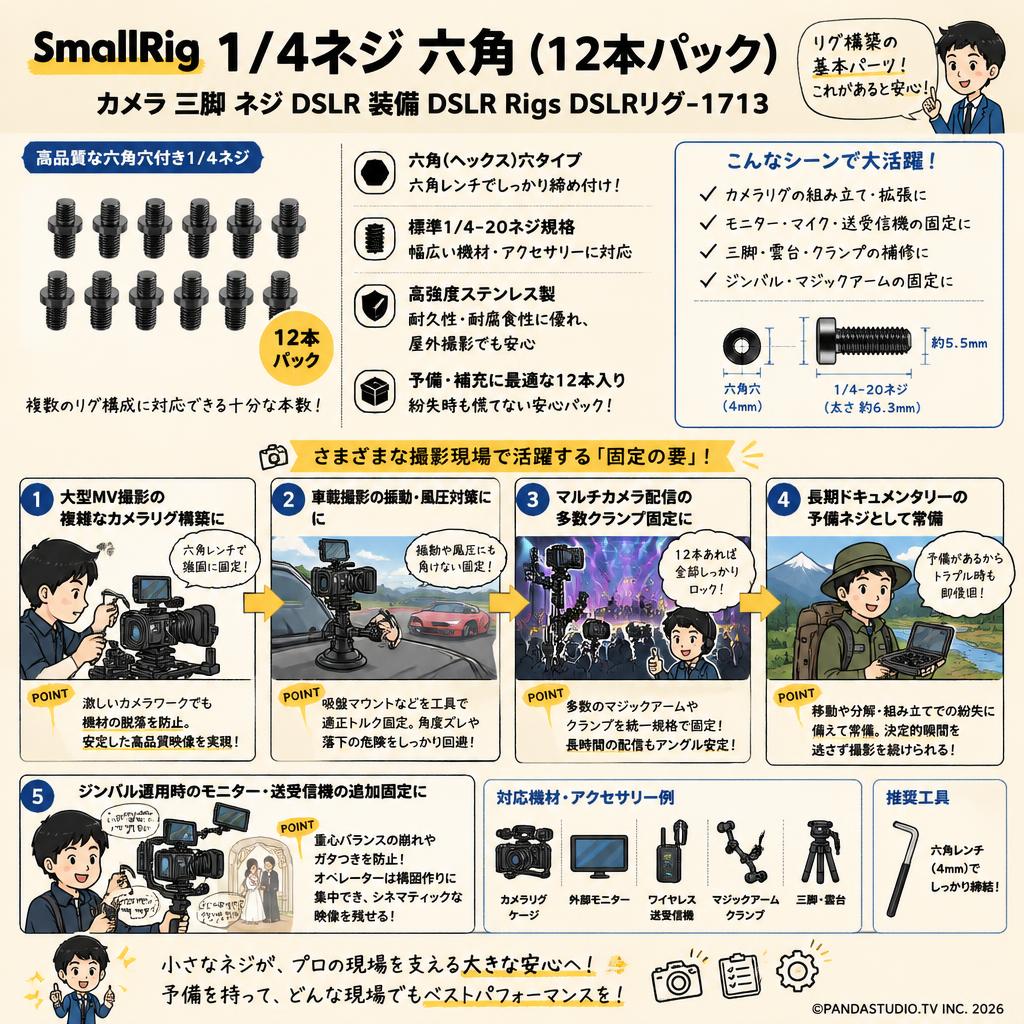 SmallRig 1/4 ネジ 六角（12本パック）カメラ 三脚 ネジ DSLR 装備 DSLR Rigs DSLRリグ-1713 用途