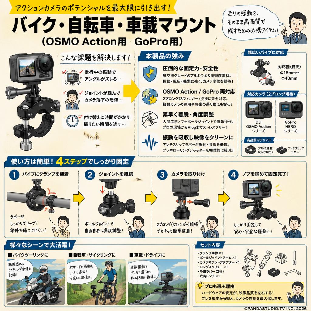 バイク・自転車・車載マウント（OSMO Action用　GoPro用） 概要