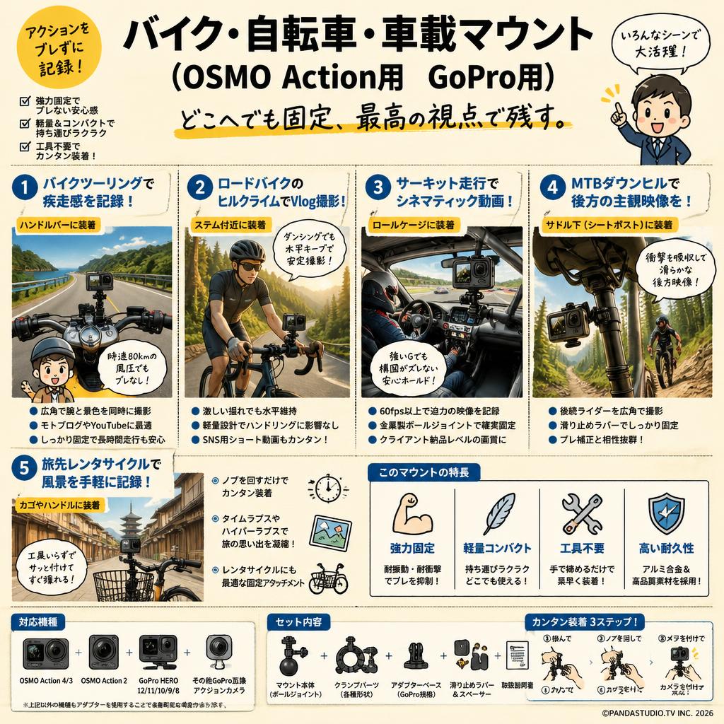 バイク・自転車・車載マウント（OSMO Action用　GoPro用） 用途