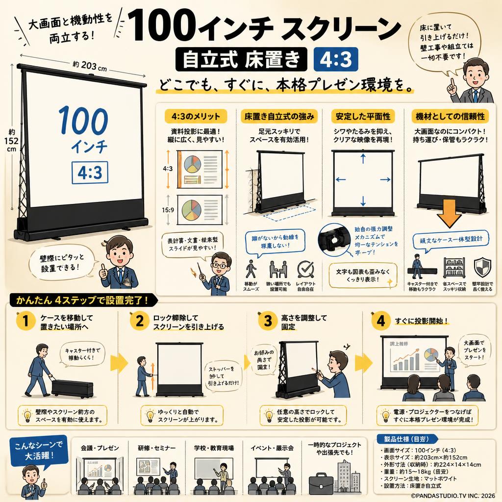 100インチ スクリーン（自立式 床置き）4:3 概要