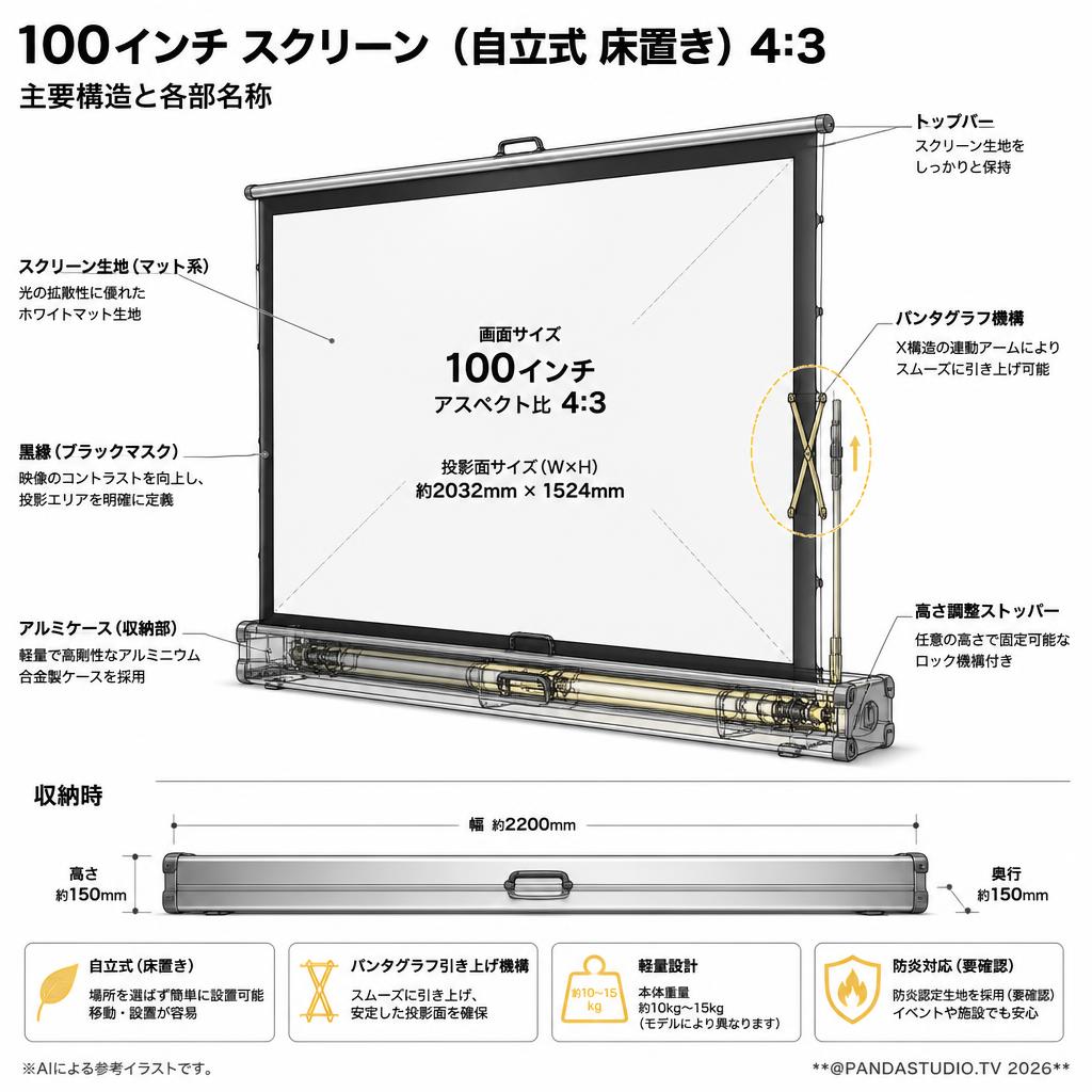100インチ スクリーン（自立式 床置き）4:3 スペック