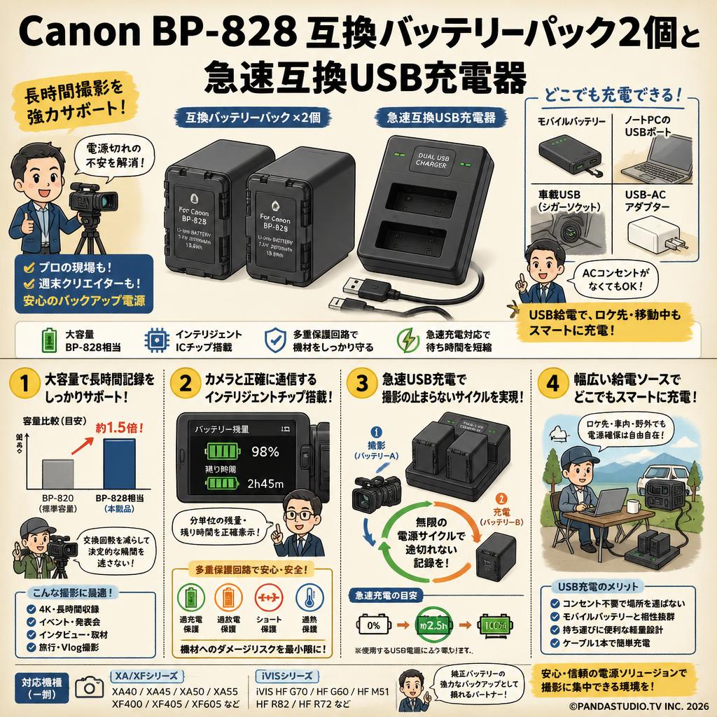 Canon BP-828 互換バッテリーパック2個と急速互換USB充電器 概要