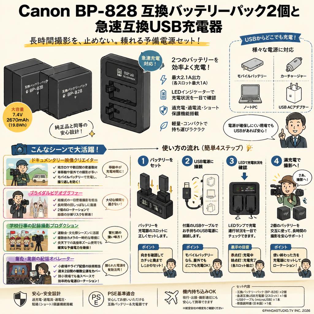 Canon BP-828 互換バッテリーパック2個と急速互換USB充電器 おもな対象のお客様