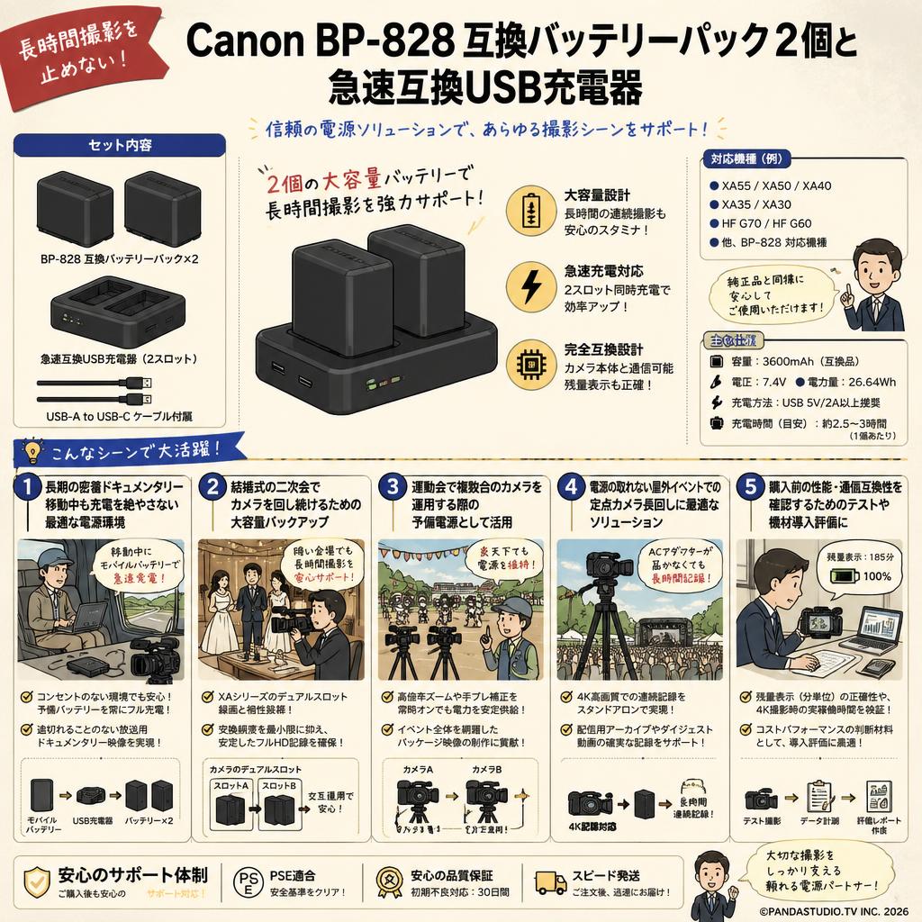 Canon BP-828 互換バッテリーパック2個と急速互換USB充電器 用途