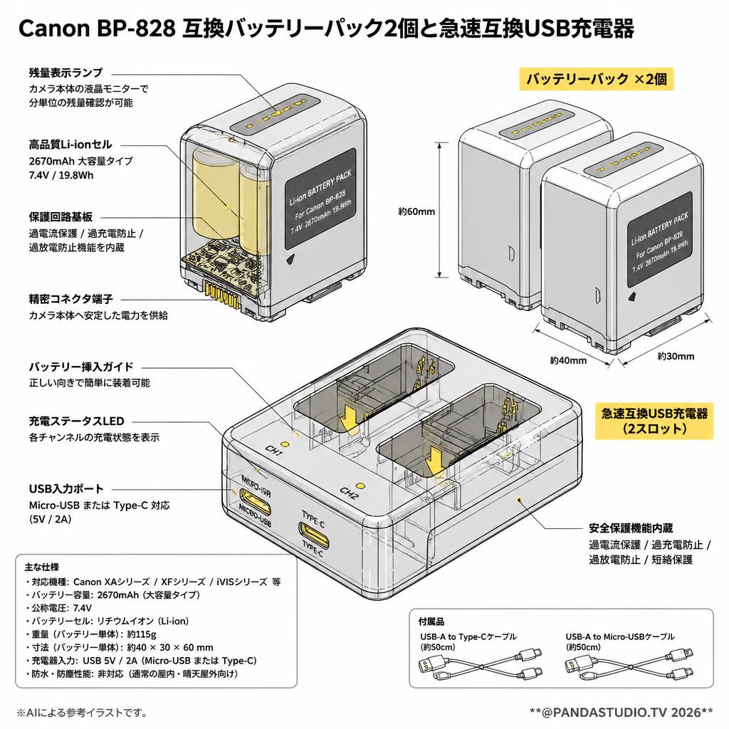 Canon BP-828 互換バッテリーパック2個と急速互換USB充電器 スペック