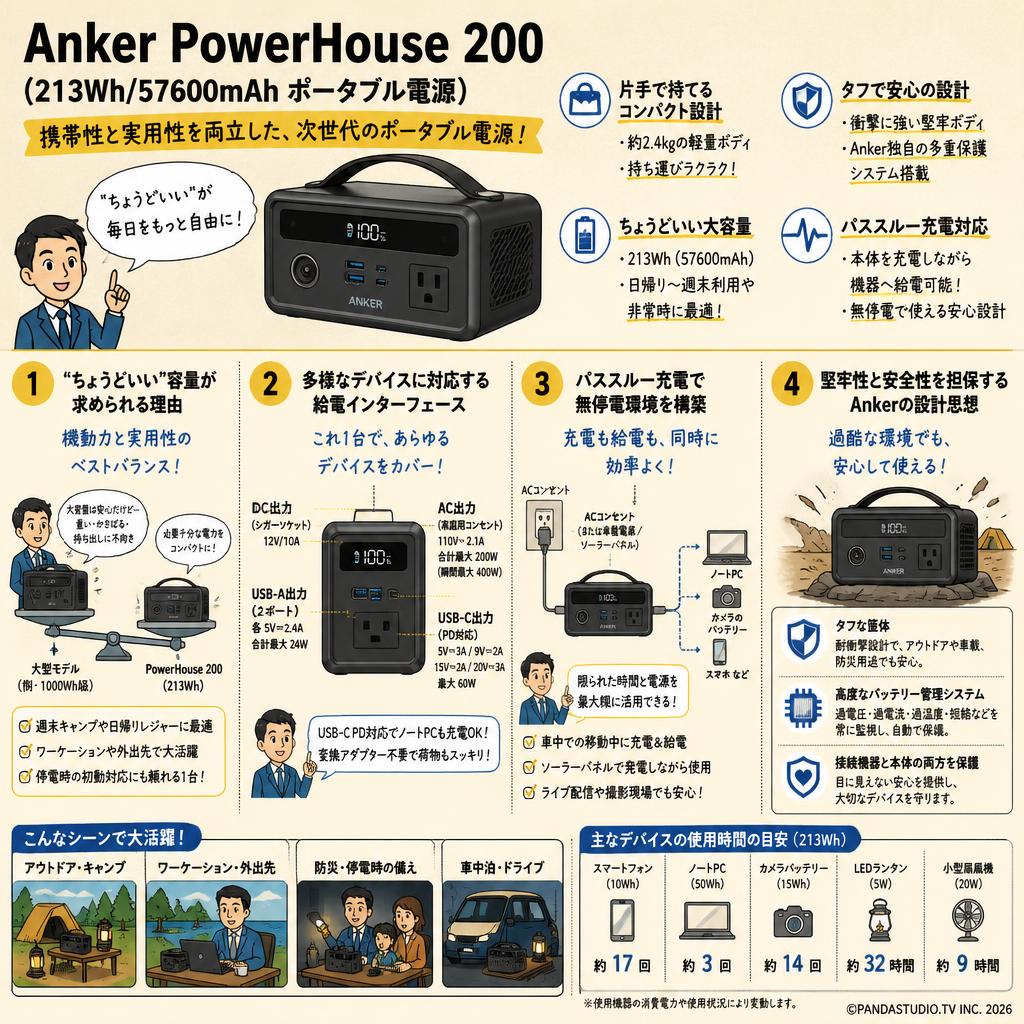 Anker PowerHouse 200 (213Wh/57600mAh ポータブル電源) 概要
