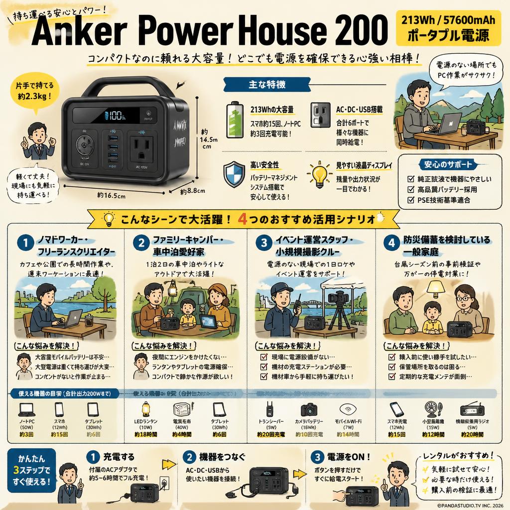 Anker PowerHouse 200 (213Wh/57600mAh ポータブル電源) おもな対象のお客様